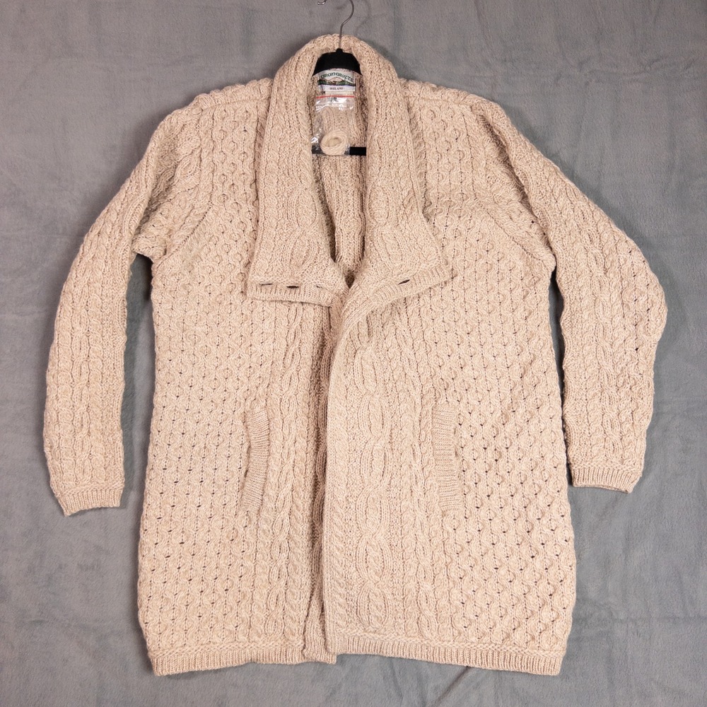 Aran Crafts Cardigan Sweater Mens XXL Beige Like New Merino Wool Shawl Collar